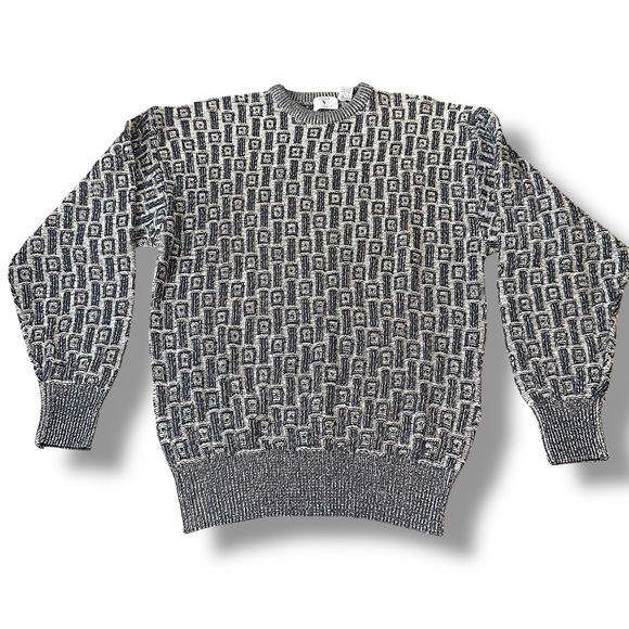 Vintage Men’s 90s Crewneck Sweater Black Blue White Patterned Valentino Garavani - Picture 1 of 8